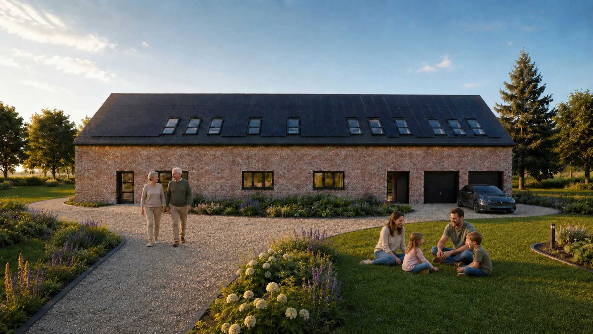 Backsteinhaus mit schwarzem Dach, Garten, zwei Erwachsenenpaaren und drei Kindern auf dem Rasen.