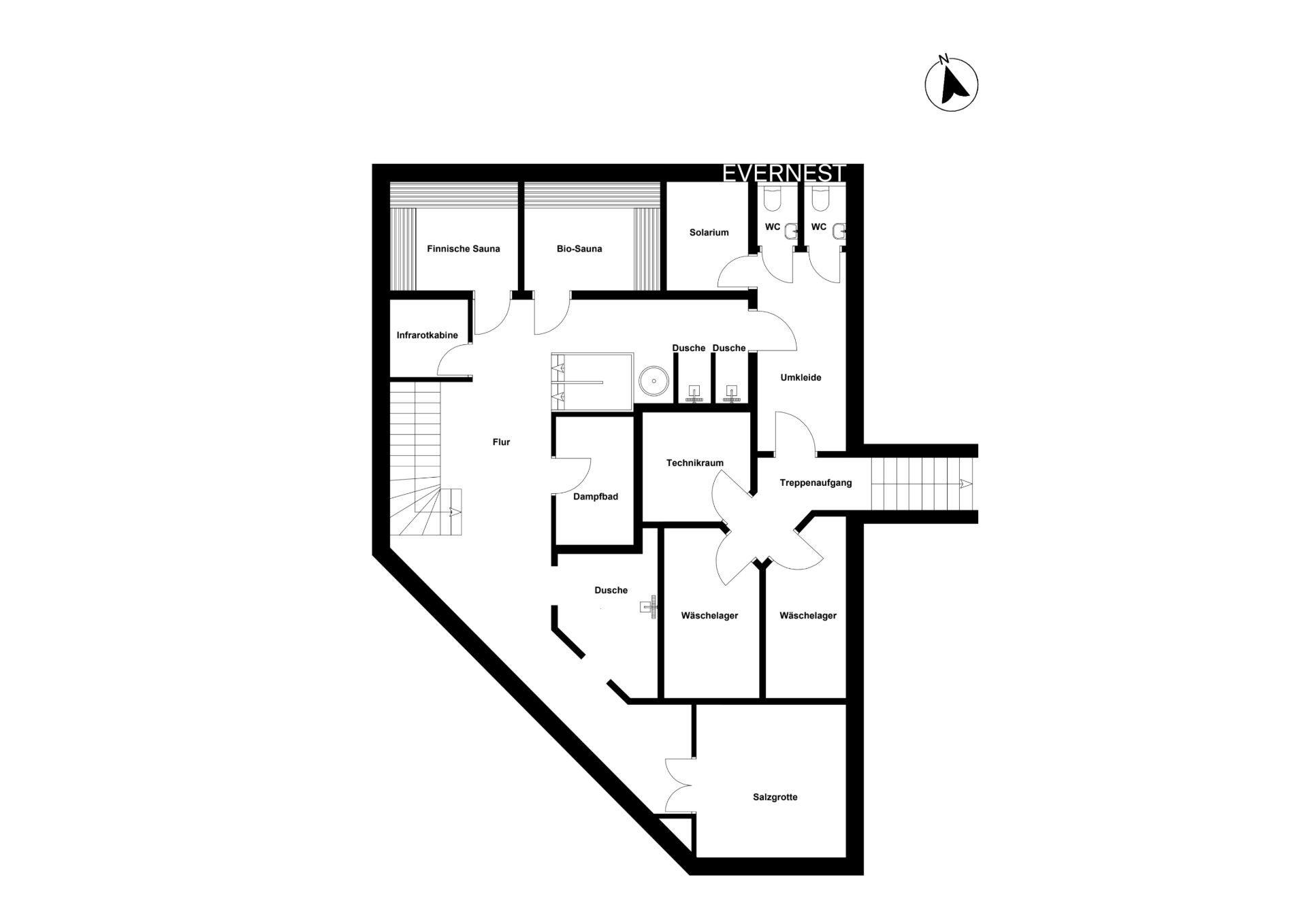 Grundriss eines Untergeschosses mit Sauna, Solarium, Umkleide und mehreren Funktionsräumen.