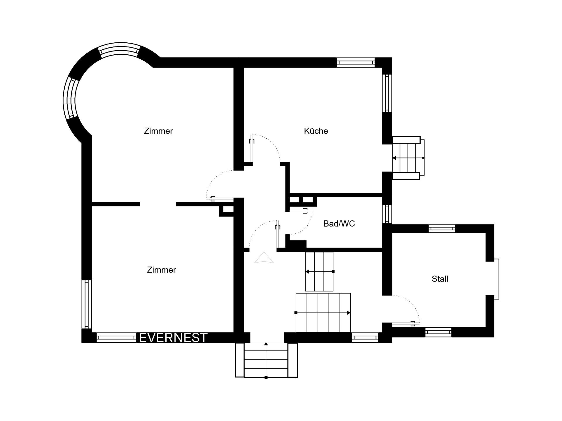 Grundriss mit zwei Zimmern, Küche, Bad/WC, Stall und Flur.