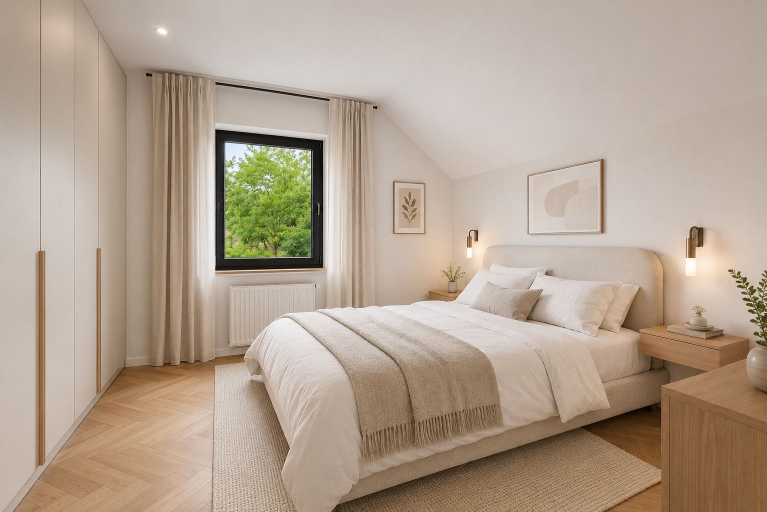 Helles Schlafzimmer mit Doppelbett, Holzfußboden, Fenster mit Blick ins Grüne und schlichten Möbeln.