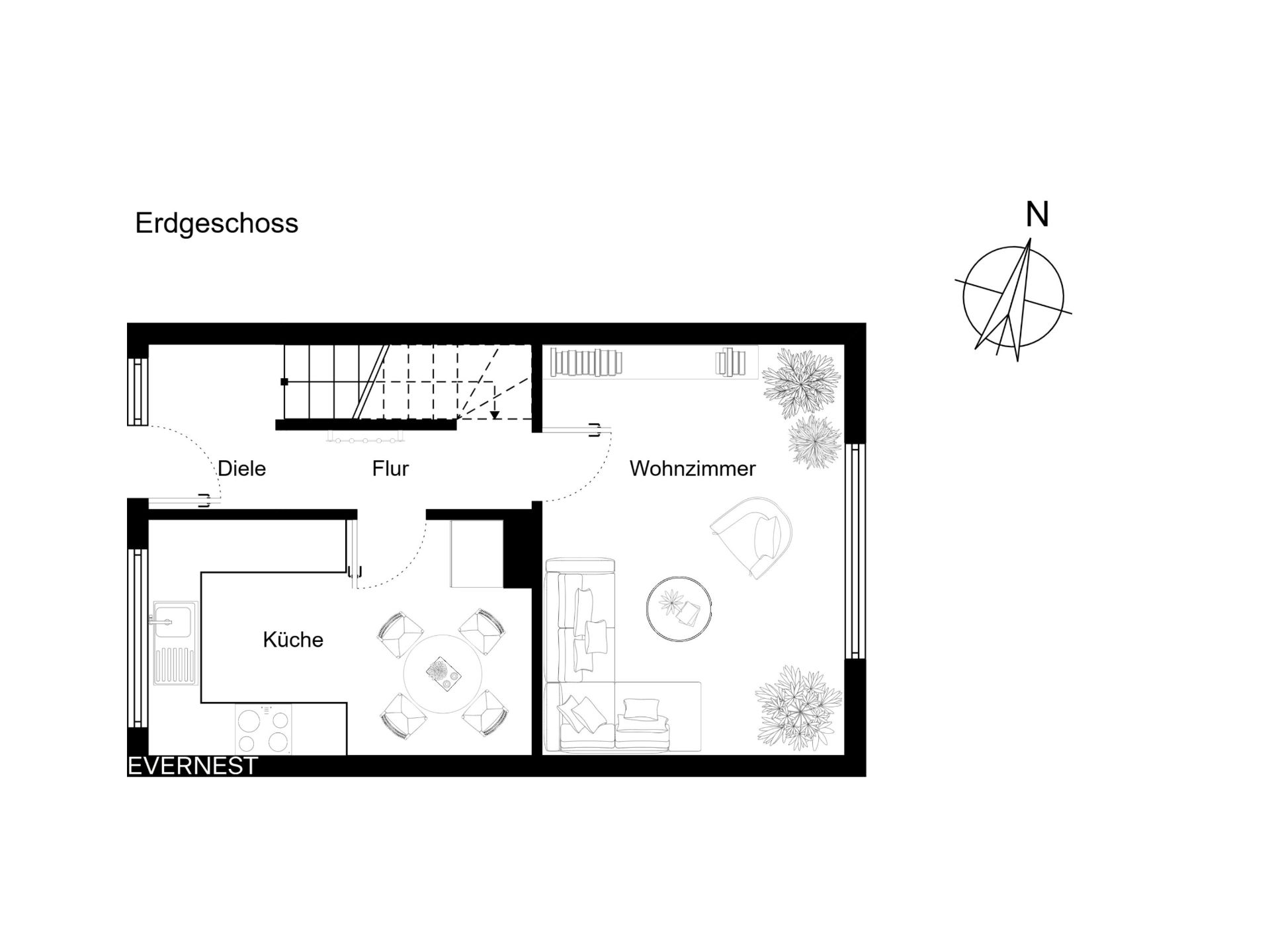 Grundriss des Erdgeschosses mit Küche, Flur, Diele und Wohnzimmer.