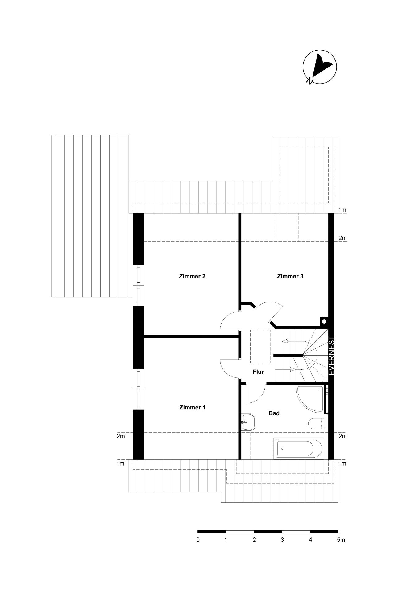 Grundriss mit drei Zimmern, Flur, Bad und Treppe, Räume klar beschriftet.