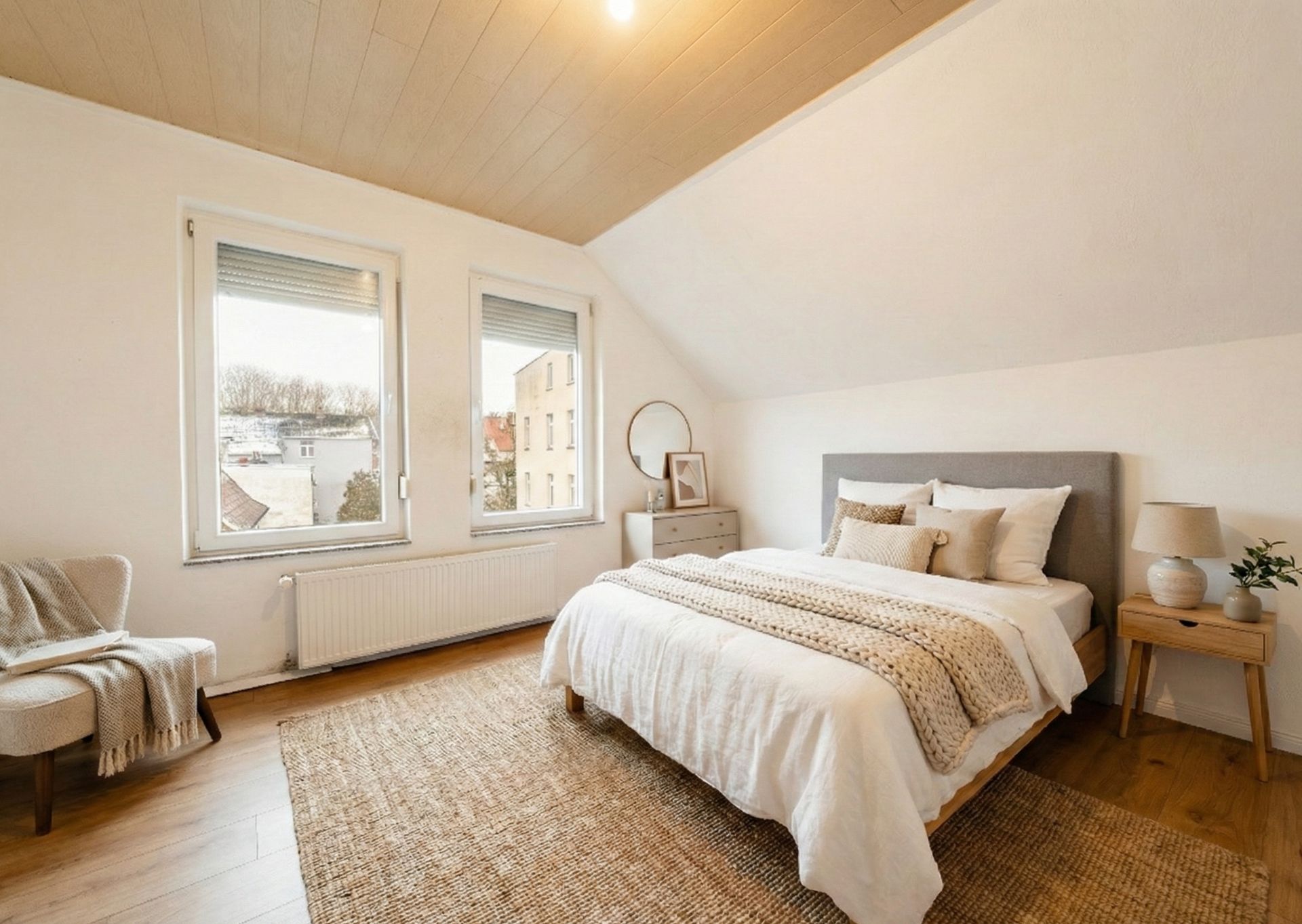 Helles Schlafzimmer mit Doppelbett, zwei Fenstern, Nachttischen und Teppich auf Holzboden.