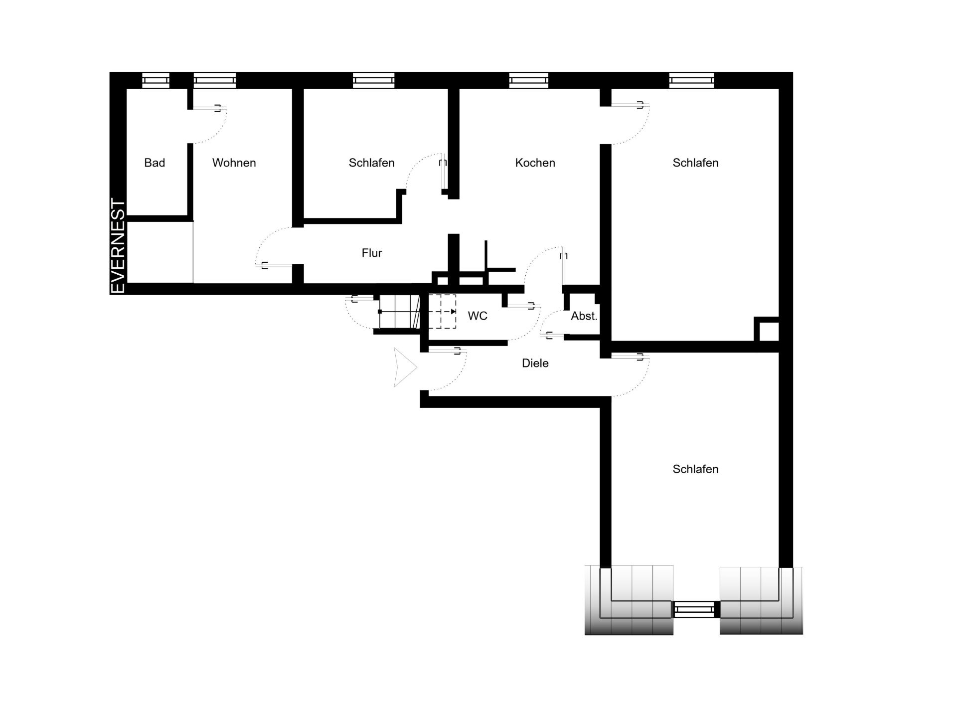 Grundriss einer Wohnung mit Bad, Wohnzimmer, Küche, Flur, WC und mehreren Schlafzimmern.