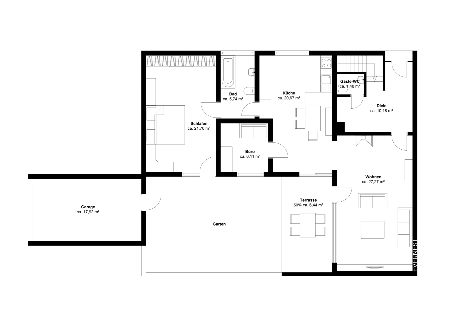 Grundriss einer Wohnung mit Schlafzimmer, Bad, Küche, Büro, Wohnzimmer, Garage, Terrasse und Garten.