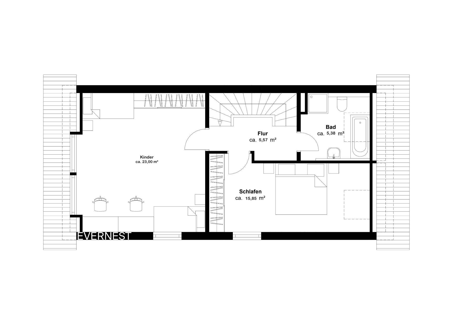 Grundriss mit Kinderzimmer, Schlafzimmer, Bad und Flur, Räume sind beschriftet.