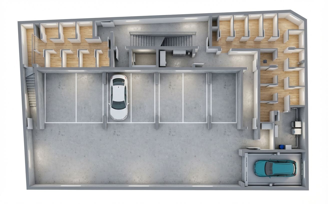 Grundriss einer Tiefgarage mit markierten Parkplätzen, Autos und angrenzenden Kellerräumen.