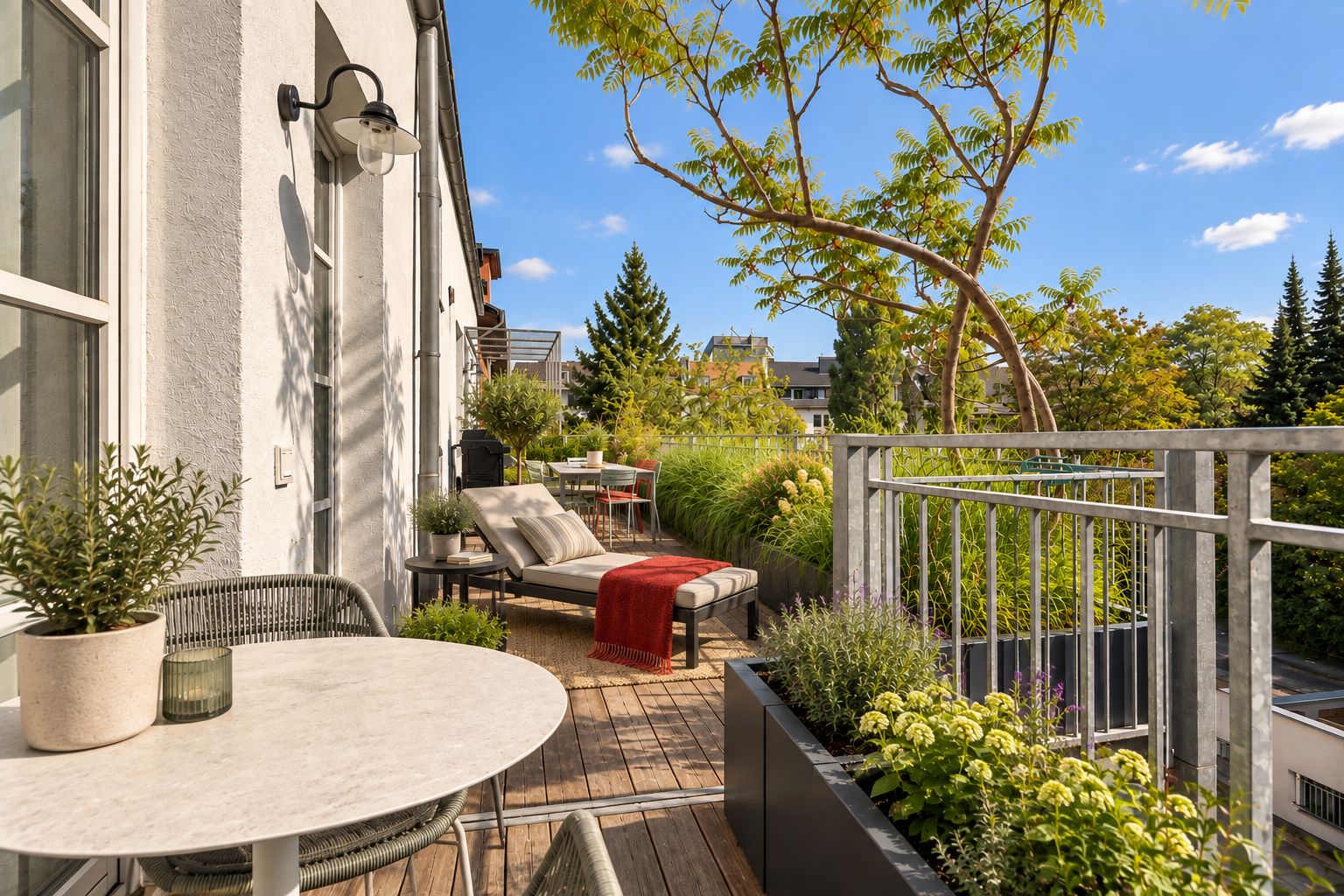 Sonniger Balkon mit Tisch, Stühlen, Liege, Pflanzen und Blick auf Bäume.