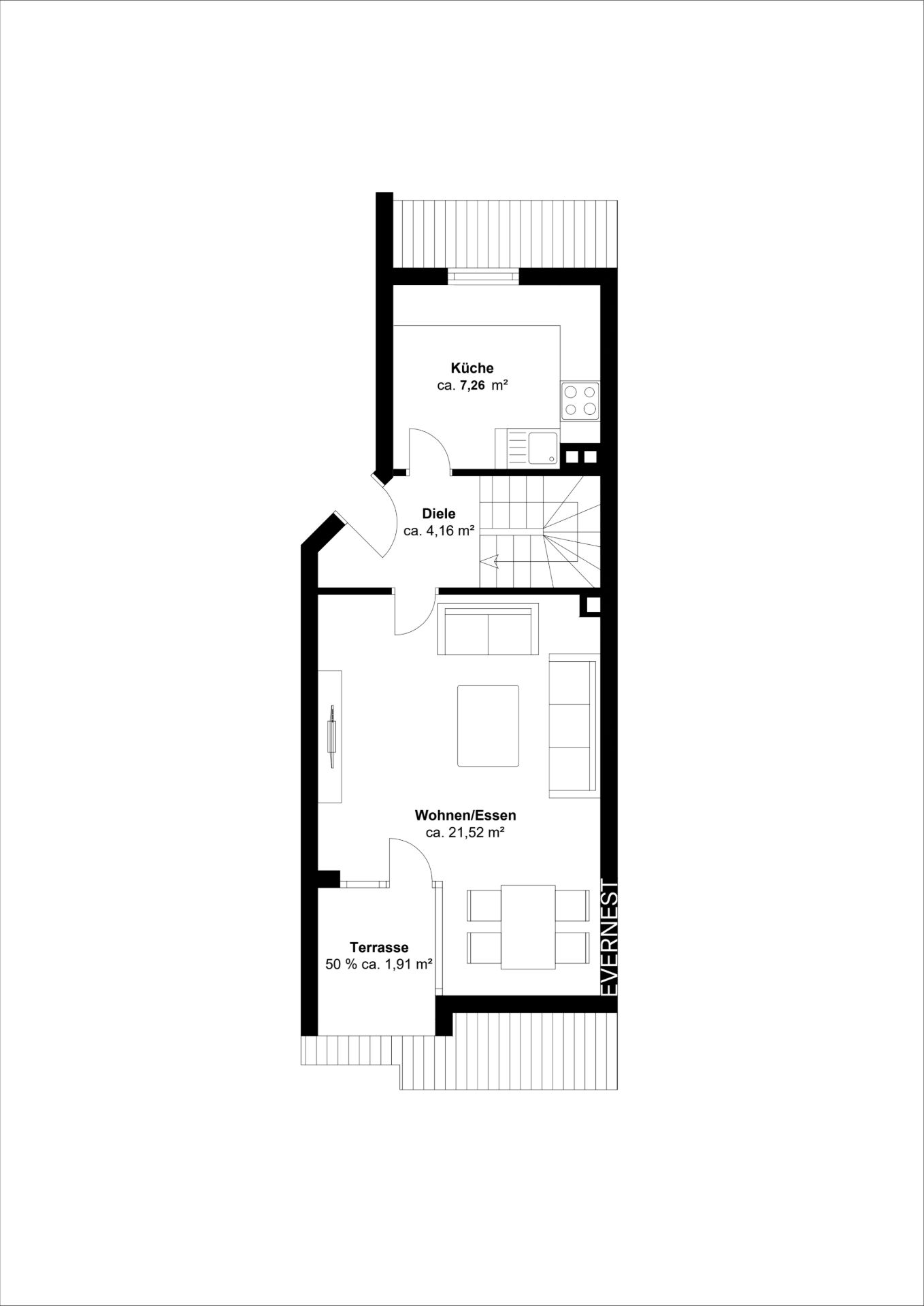 Grundriss einer Wohnung mit Küche, Diele, Wohn-/Essbereich und Terrasse.