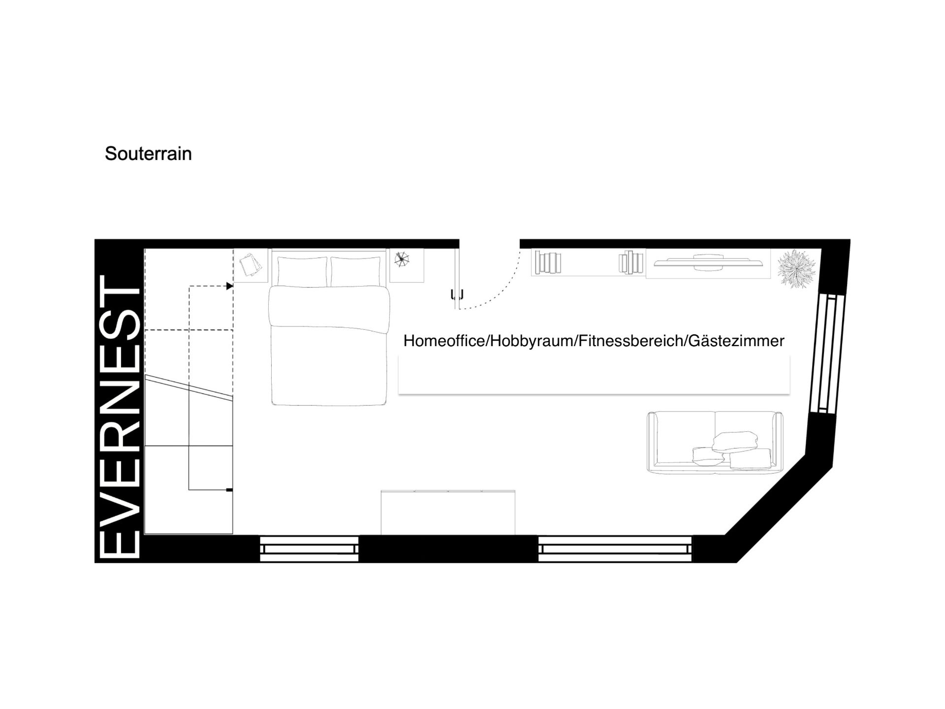 Grundriss eines Souterrain-Zimmers mit Bett, Sofa und Schreibtisch.