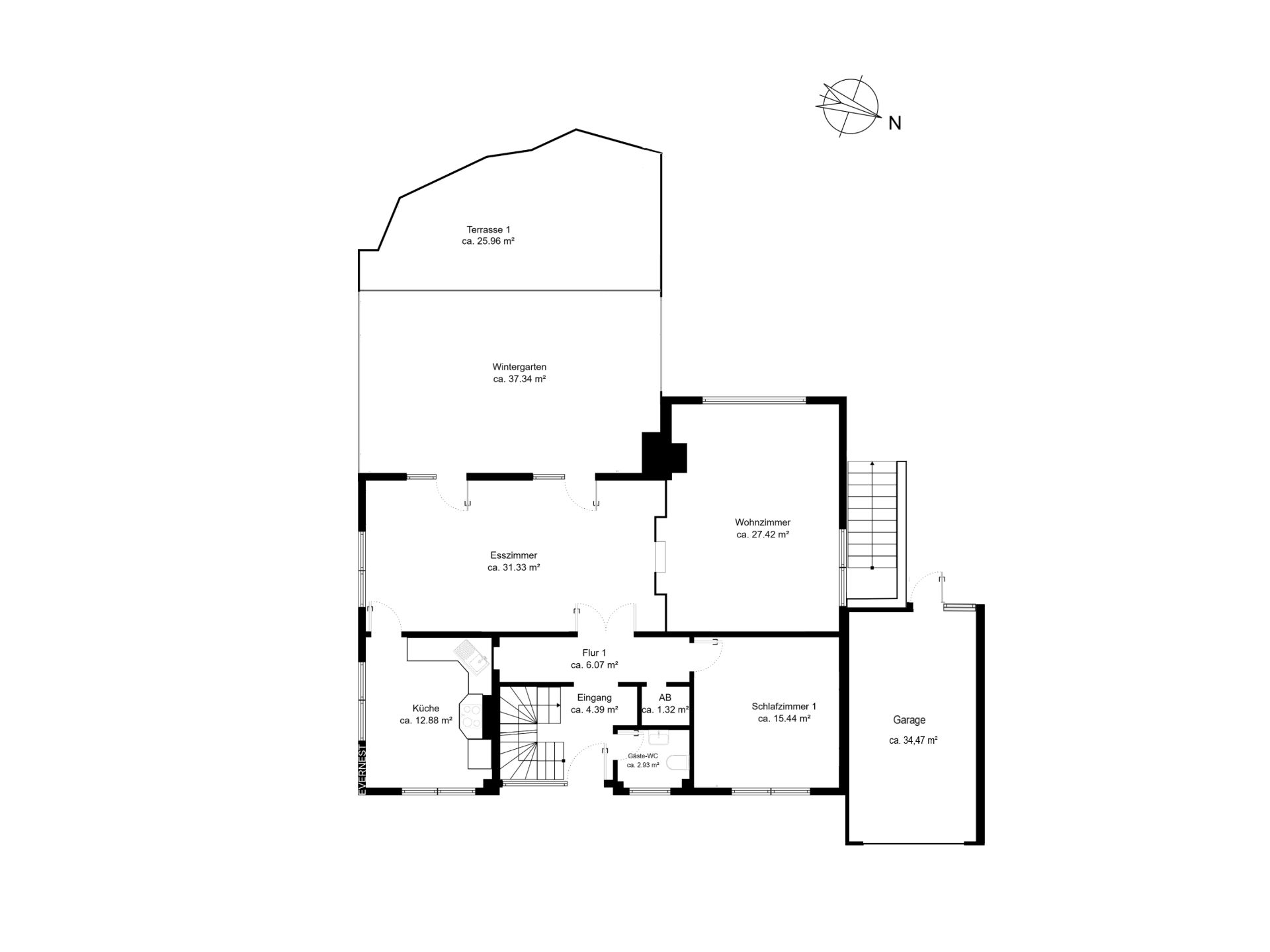 Grundriss eines Wohnhauses mit Küche, Wohnzimmer, Schlafzimmer, Wintergarten, Terrasse und Garage.