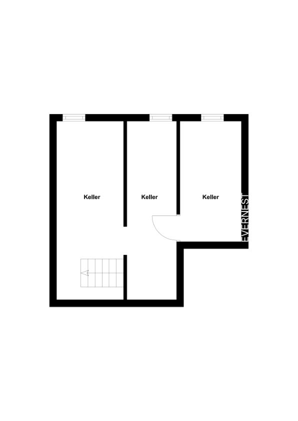 Grundriss mit drei Kellerräumen und Treppe.