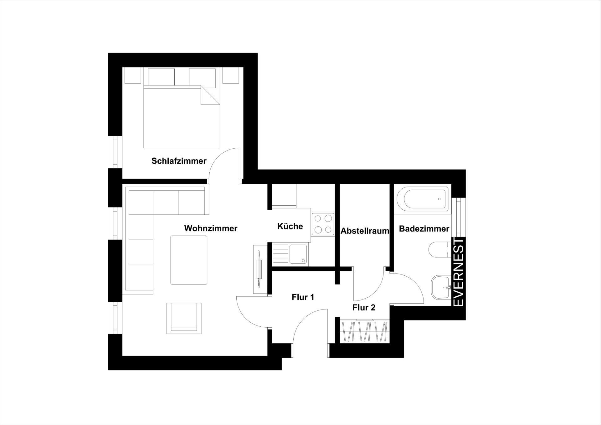 Grundriss einer Wohnung mit Schlafzimmer, Wohnzimmer, Küche, Abstellraum und Bad.