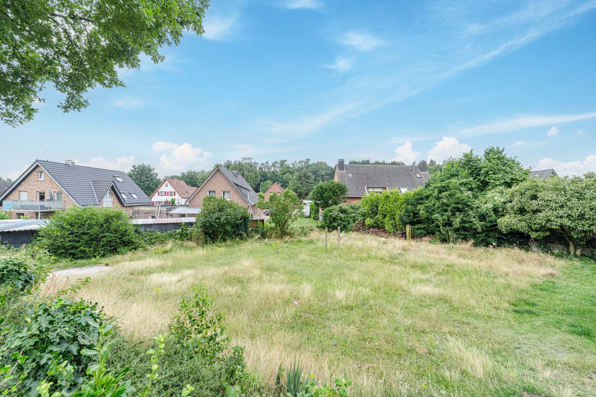 Grünes Grundstück mit Büschen und Wiese, im Hintergrund Wohnhäuser und blauer Himmel.