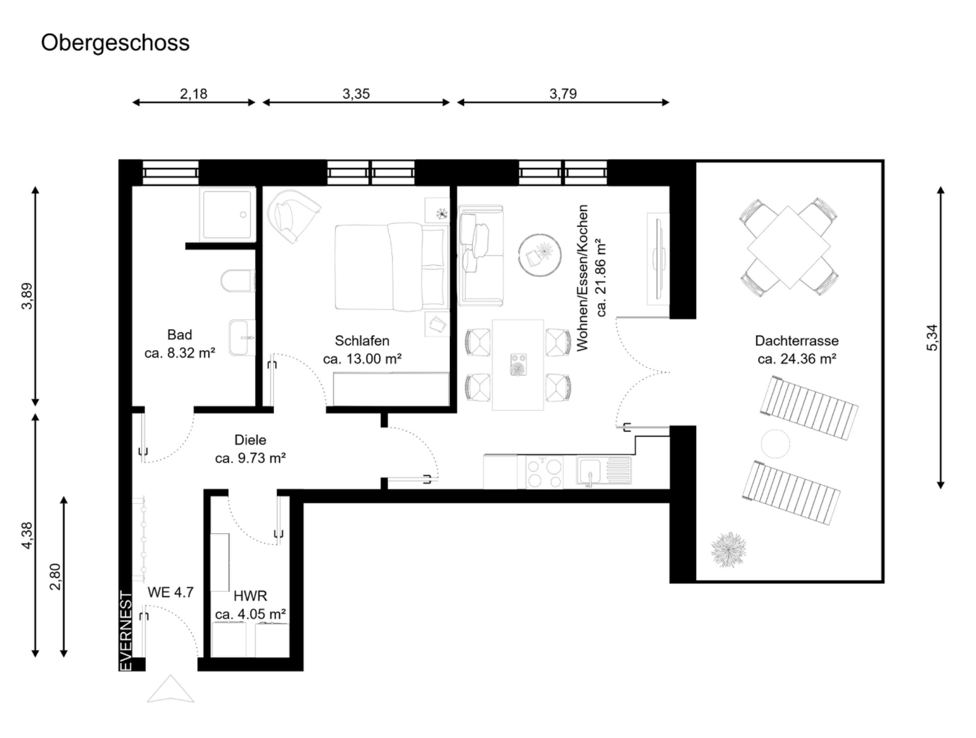Grundriss einer Wohnung mit Schlafzimmer, Bad, Wohnbereich, Hauswirtschaftsraum und Dachterrasse.