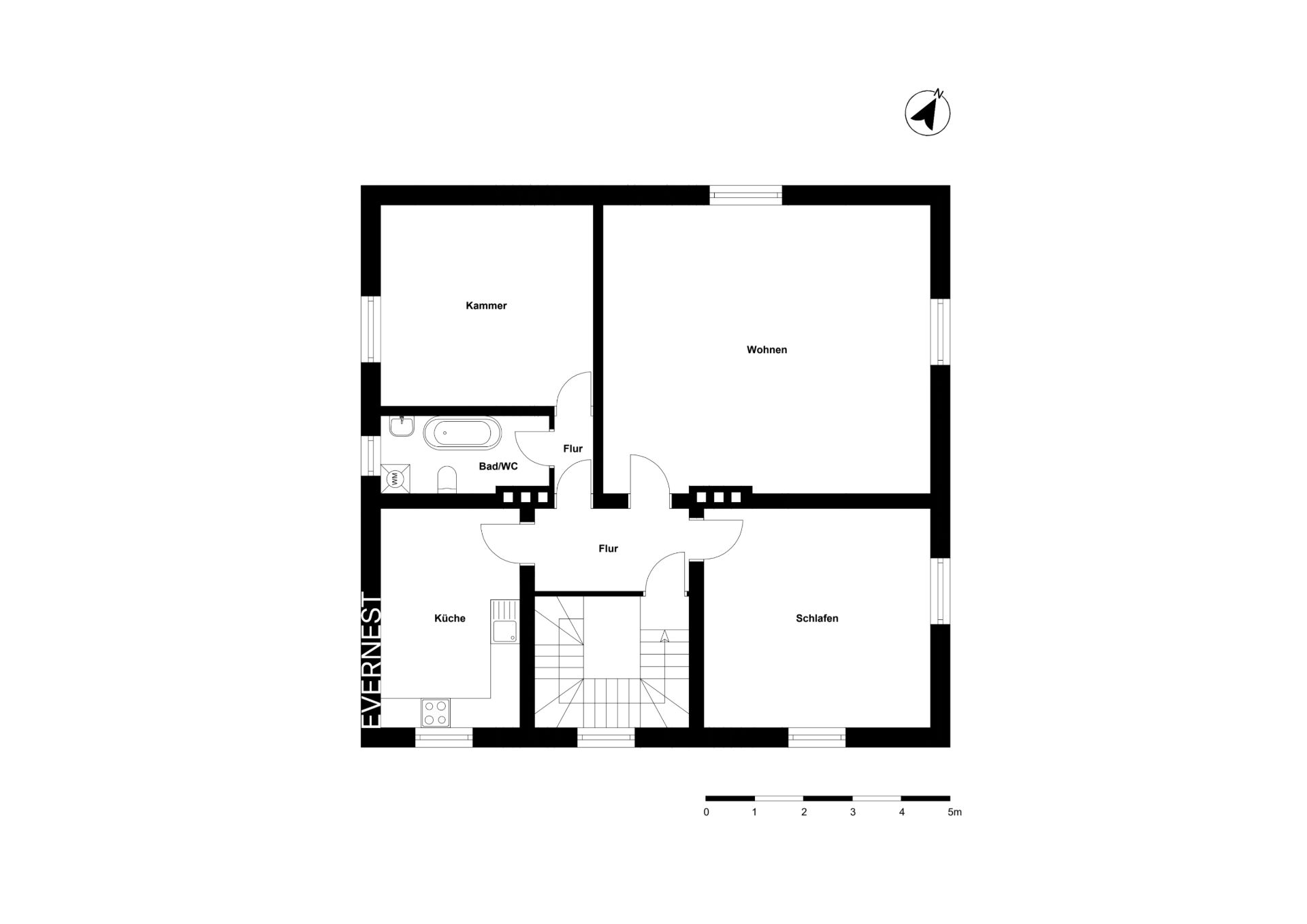 Grundriss einer Wohnung mit Küche, Bad, Kammer, Schlafzimmer, Wohnzimmer und Flur.