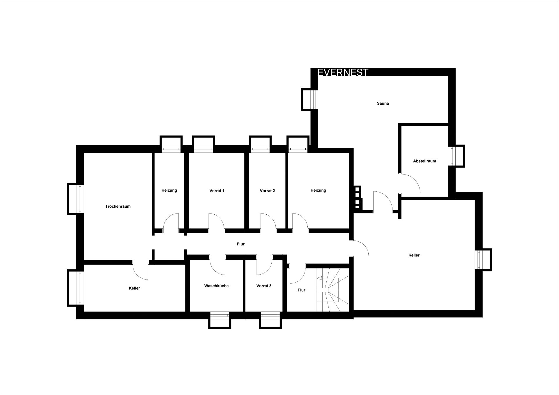 Grundriss eines Kellers mit Vorratsräumen, Waschküche, Heizung, Sauna und weiteren Räumen.