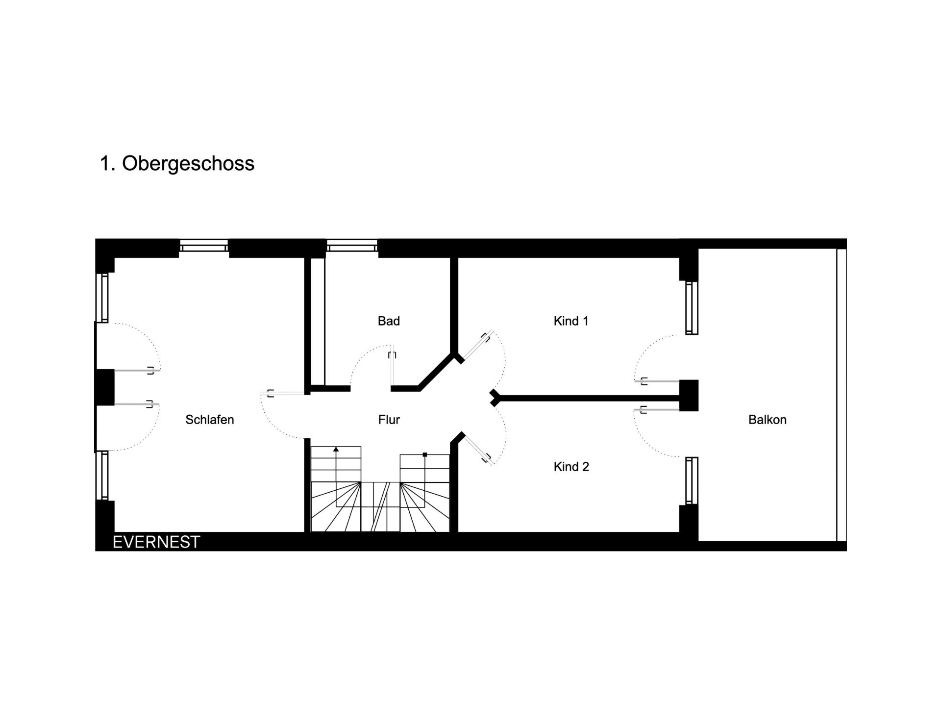 Grundriss des Obergeschosses mit Schlafzimmer, Bad, zwei Kinderzimmern, Flur und Balkon.
