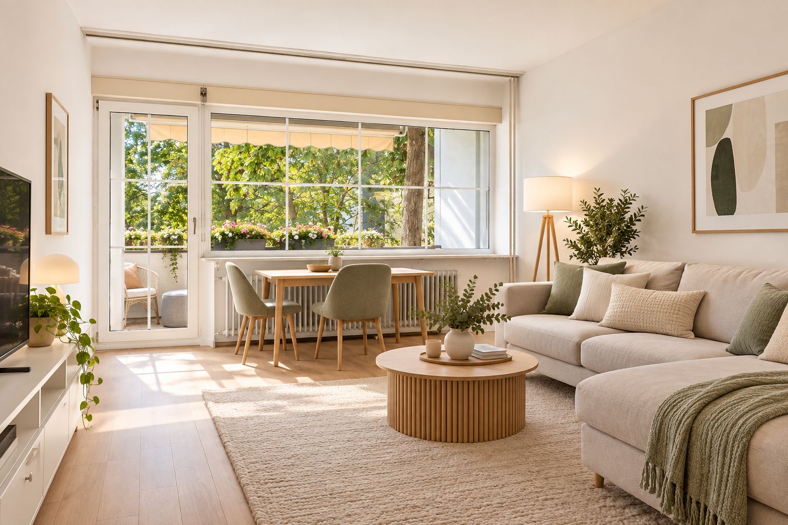 Helles Wohnzimmer mit Sofa, Couchtisch, Esstisch und großen Fenstern mit Blick ins Grüne.