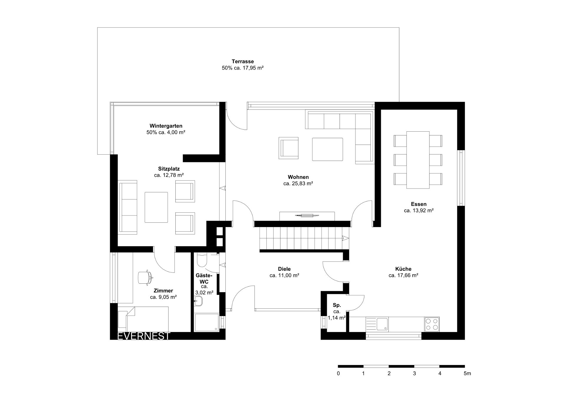 Grundriss mit Wohnzimmer, Esszimmer, Küche, Zimmer, Gäste-WC, Wintergarten und Terrasse.