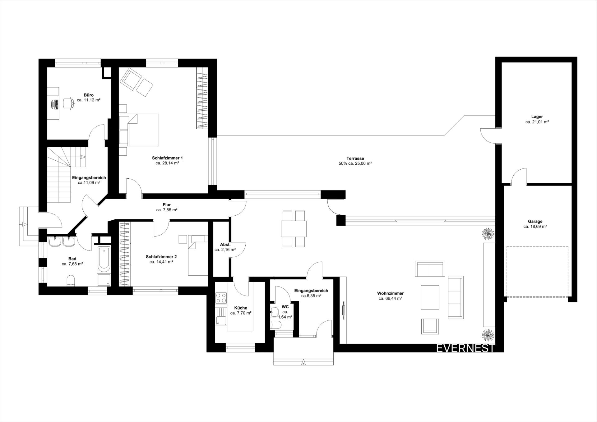 Grundriss eines Hauses mit Zimmerbeschriftungen, Terrasse, Garage und Lagerraum.