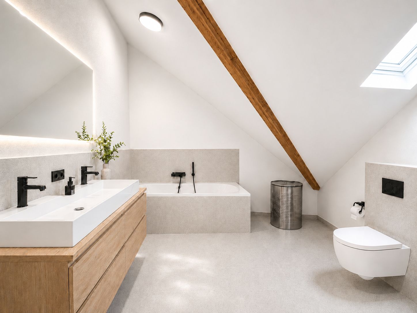 Modernes Bad mit Dachschräge, Doppelwaschbecken, Badewanne, WC und großem Fenster.