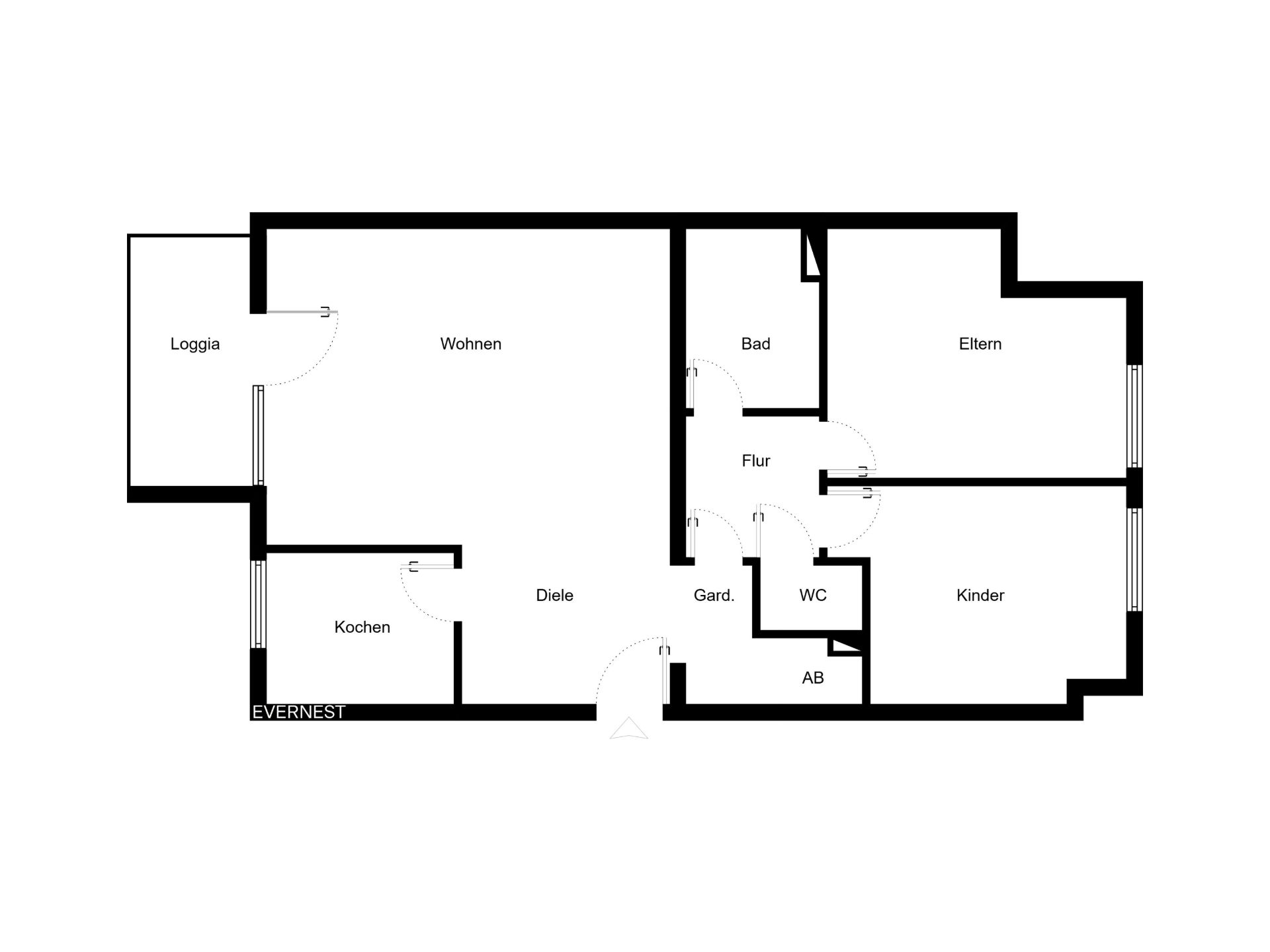 Grundriss einer Wohnung mit Zimmern: Wohnen, Kochen, Eltern, Kinder, Bad, WC, Flur, Diele und Loggia.