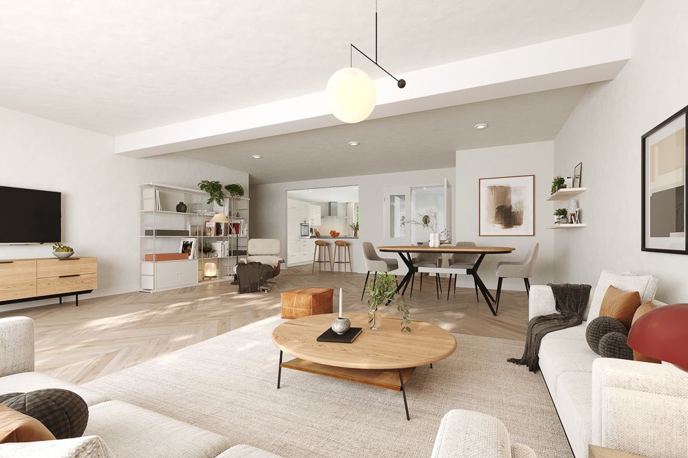 Modernes Wohnzimmer mit Sofa, Couchtisch, Fernseher, Bücherregal und Esstisch in heller Umgebung.