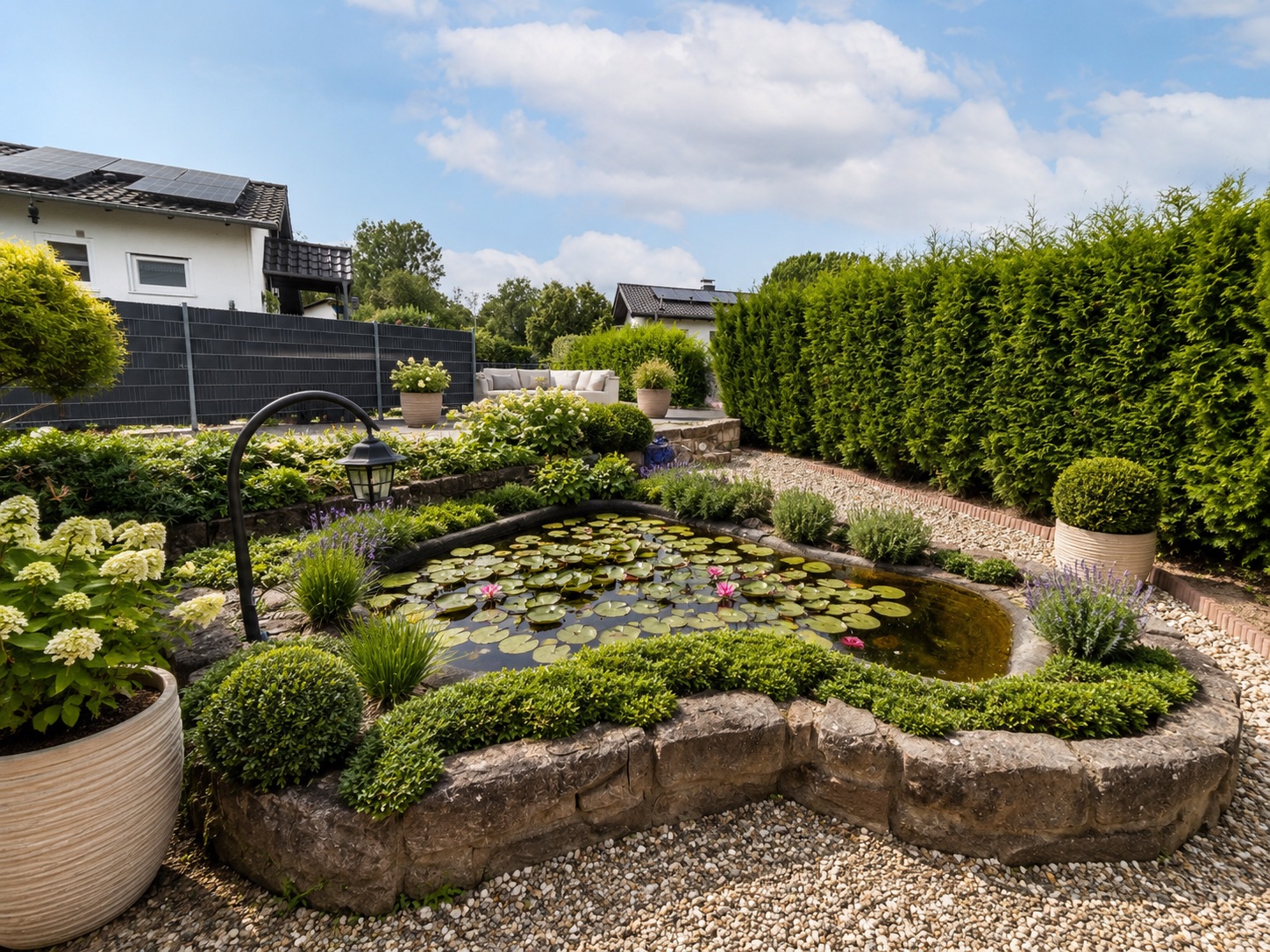 Garten mit kleinem Teich, Seerosen, umliegenden Pflanzen und Kiesweg.