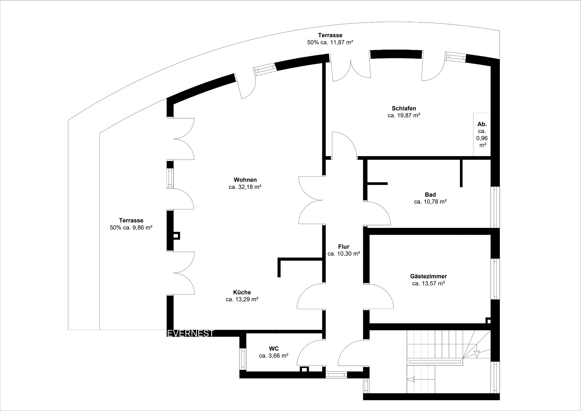 Grundriss einer Wohnung mit Wohnzimmer, Küche, Bad, Schlafzimmer, Gästezimmer, WC und Terrasse.
