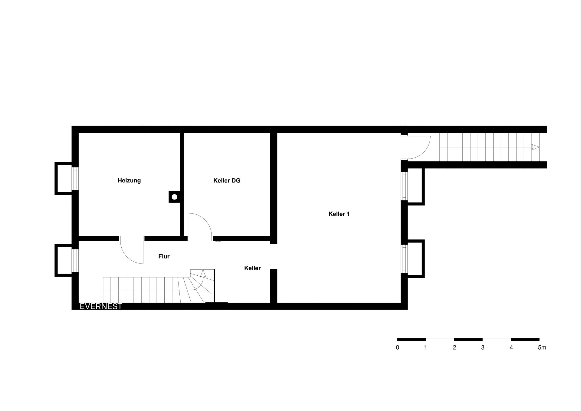 Grundriss eines Kellers mit Heizungsraum, Flur, zwei Kellerräumen und Treppe.