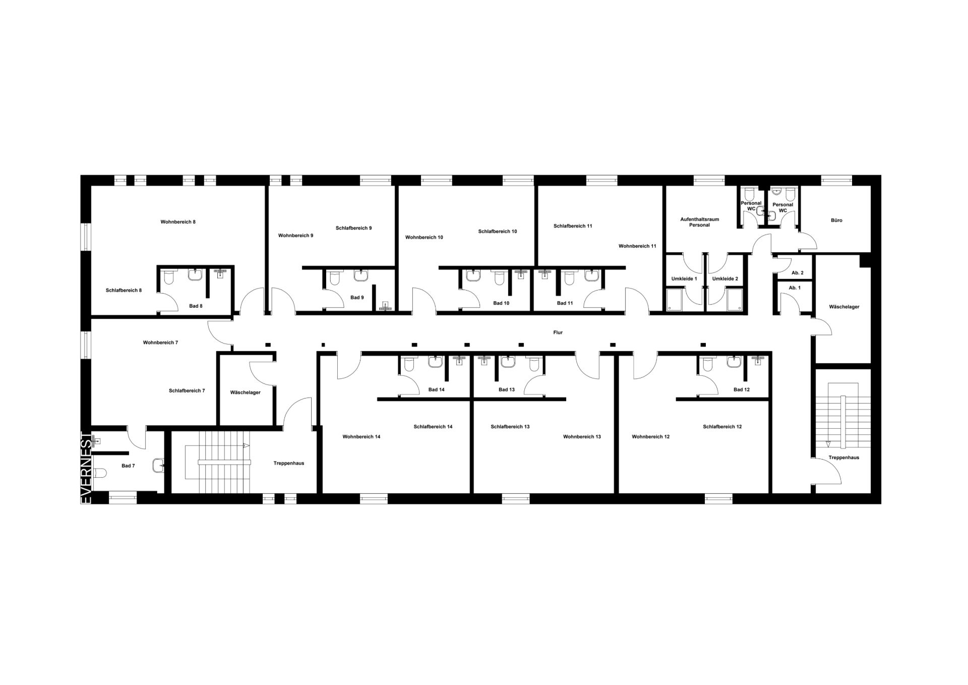 Grundriss einer Wohnetage mit mehreren Zimmern, Bädern und Gemeinschaftsbereichen.