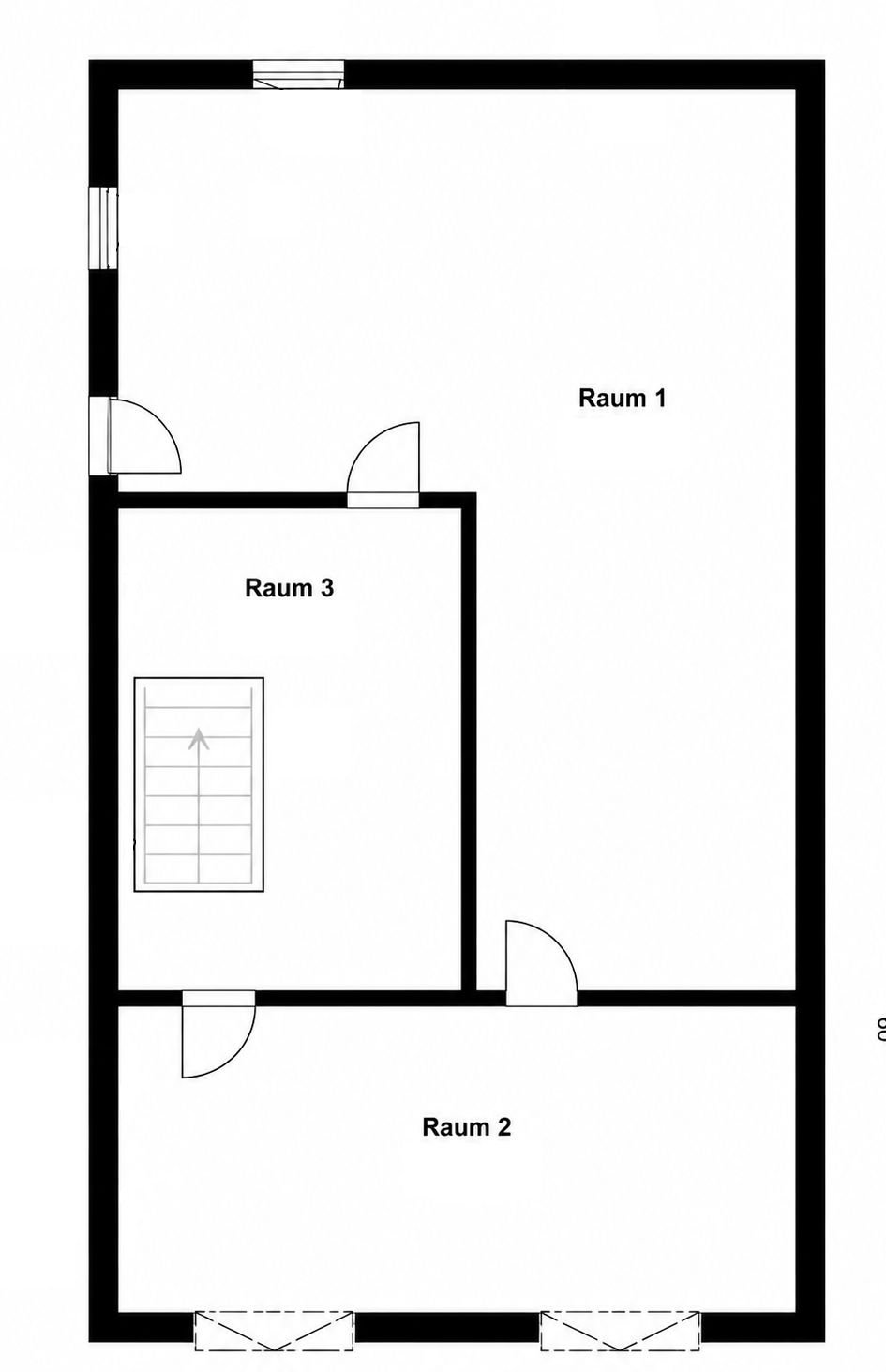 Grundriss mit drei beschrifteten Räumen und einer Treppe in Raum 3.