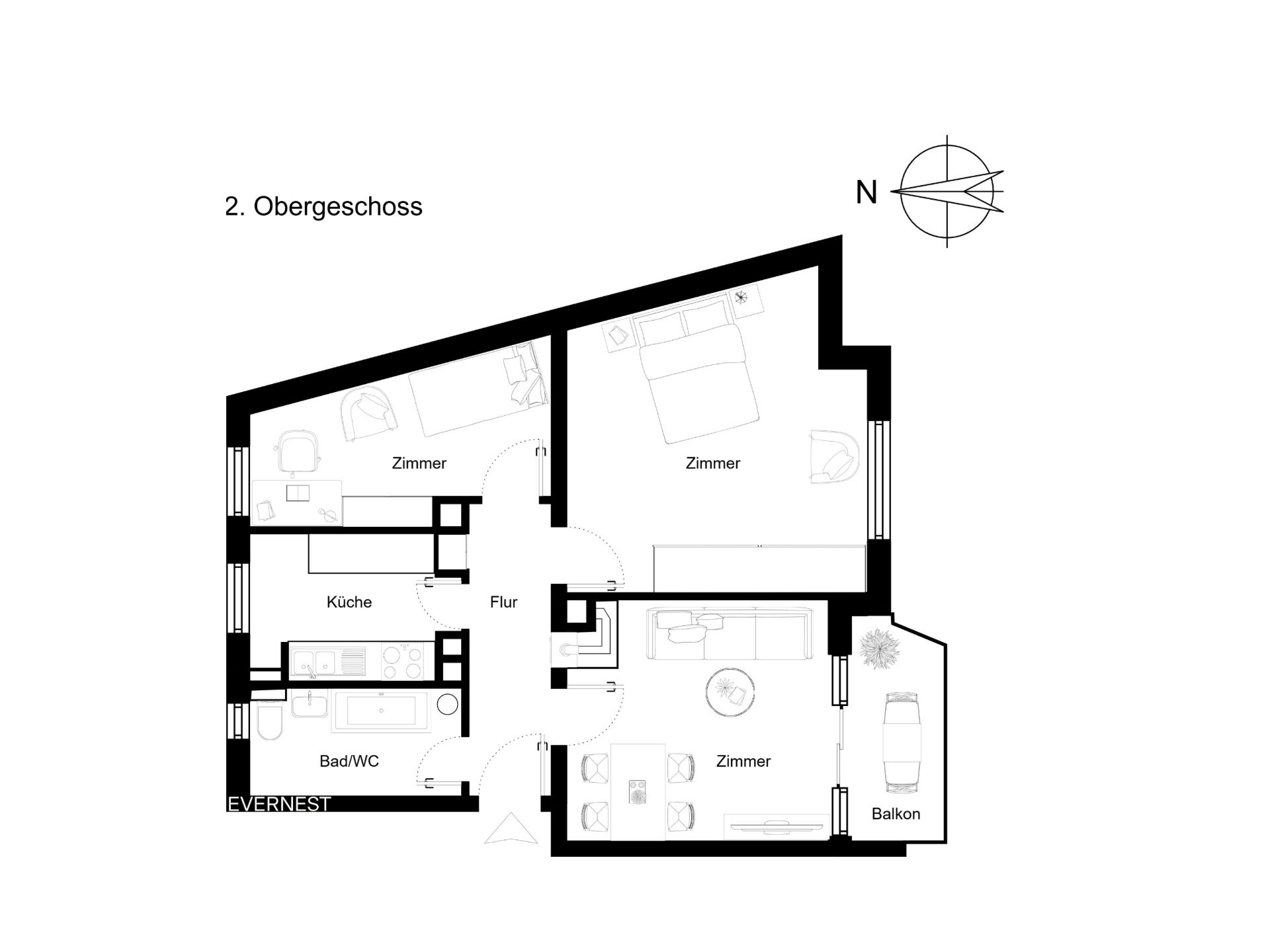 Grundriss einer Wohnung mit drei Zimmern, Küche, Bad/WC, Flur und Balkon.