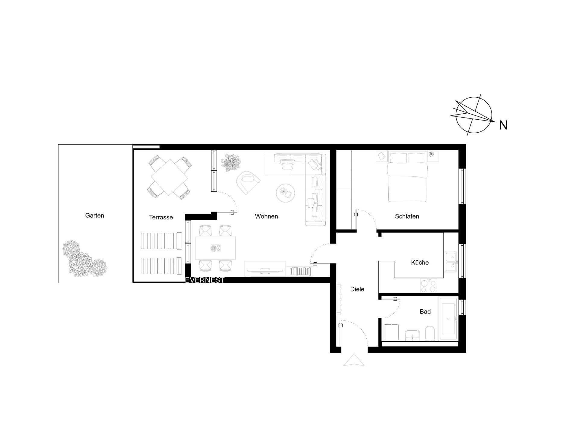 Grundriss einer Wohnung mit Garten, Terrasse, Wohnzimmer, Schlafzimmer, Küche und Bad.