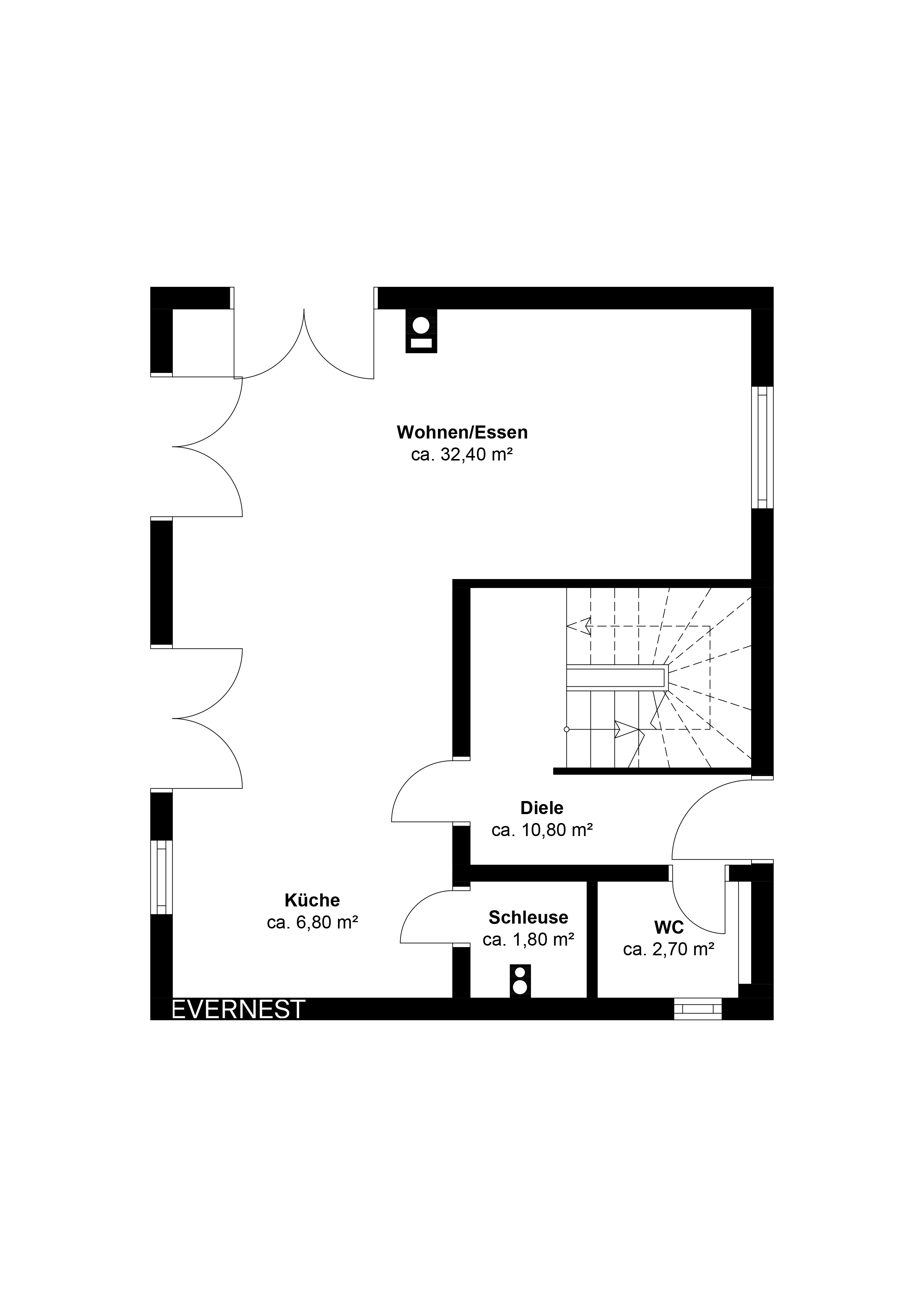 Grundriss mit Wohnzimmer, Küche, Diele, WC und Schleuse, Flächenangaben in Quadratmetern.