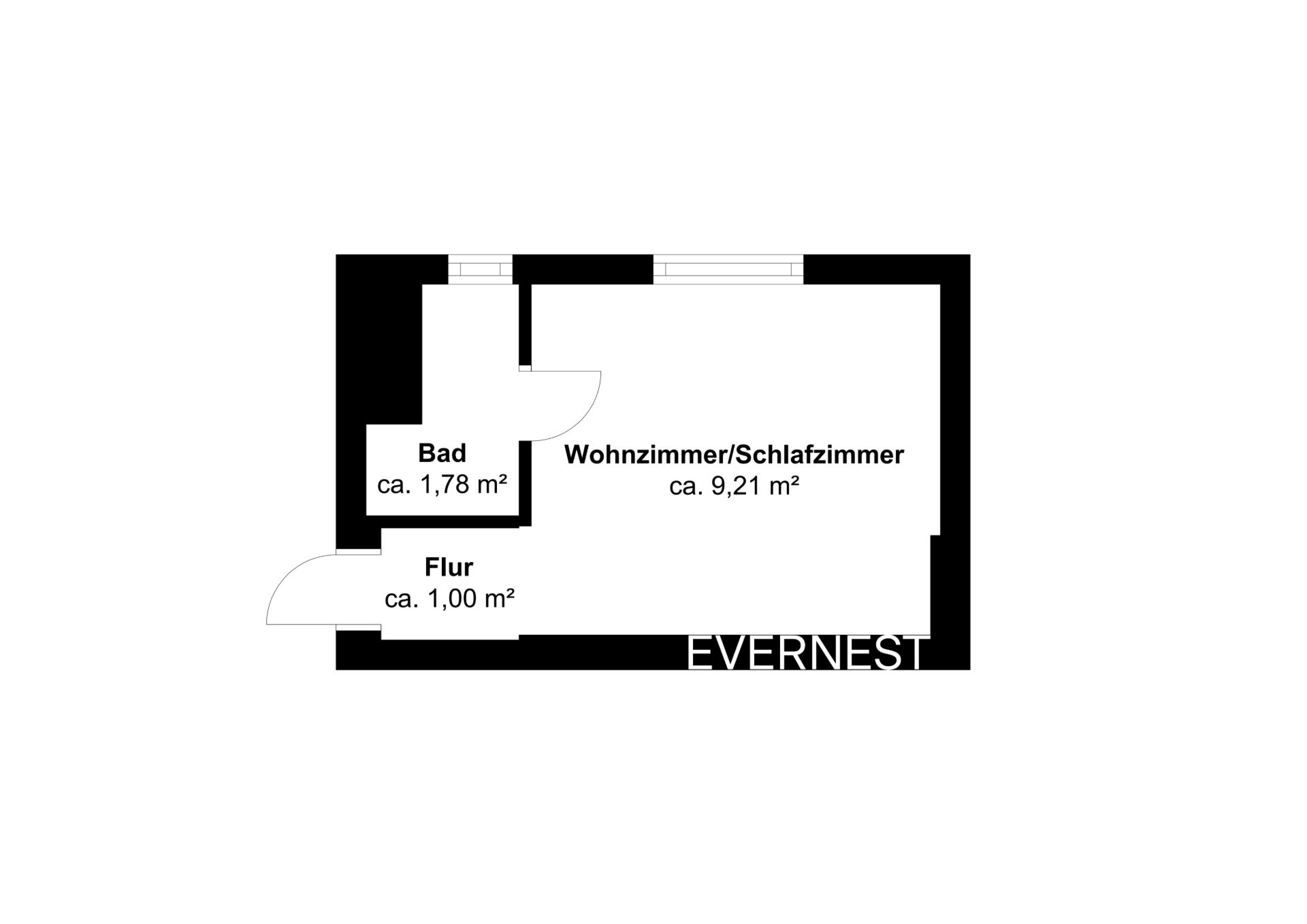 Grundriss mit Flur, Bad und Wohnzimmer/Schlafzimmer. Flächenangaben in Quadratmetern.