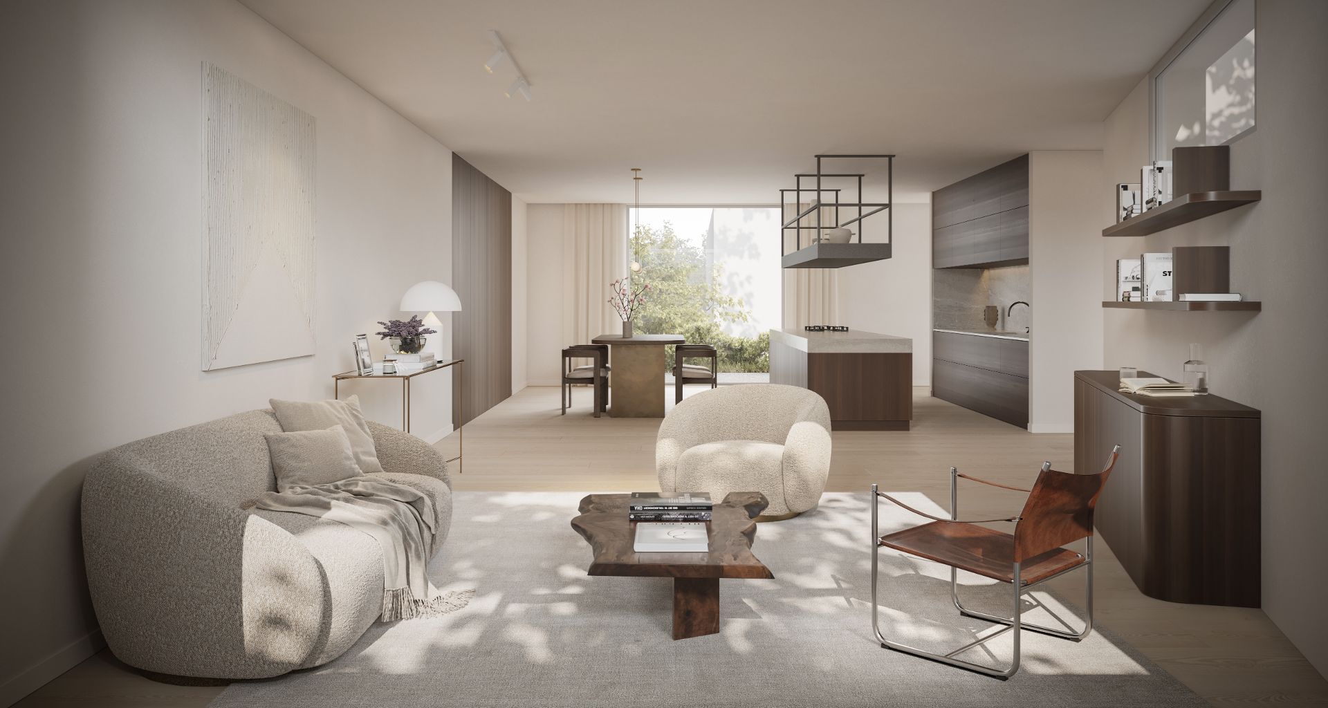 Helles Wohnzimmer mit modernen Möbeln, Küche und Esstisch, große Fenster mit Blick ins Grüne.
