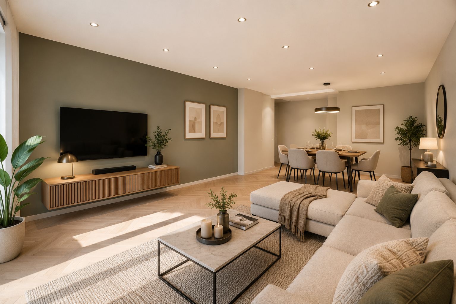 Modernes Wohnzimmer mit beiger Couch, Esstisch, Fernseher und Pflanzen, helle Holzböden.