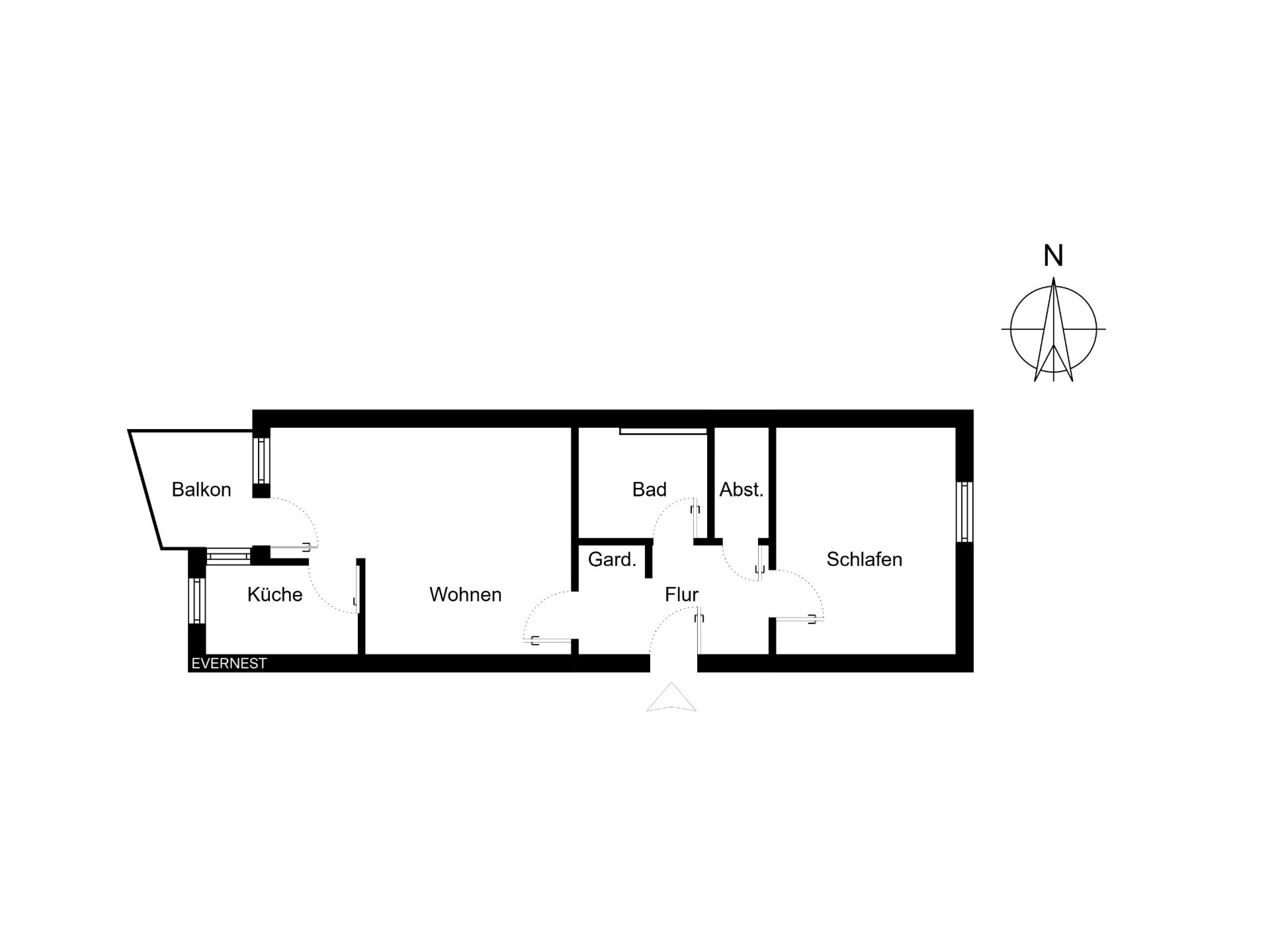Grundriss einer Wohnung mit Balkon, Küche, Wohnen, Bad, Abstellraum, Flur und Schlafzimmer.