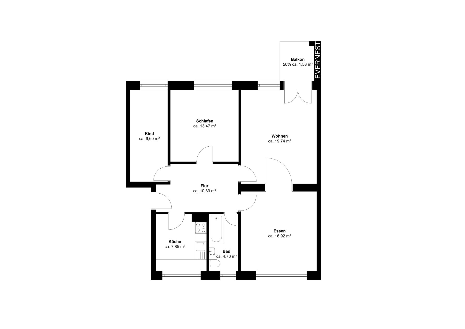 Grundriss einer Wohnung mit Balkon, Wohnzimmer, Schlafzimmer, Kinderzimmer, Küche, Bad und Esszimmer.