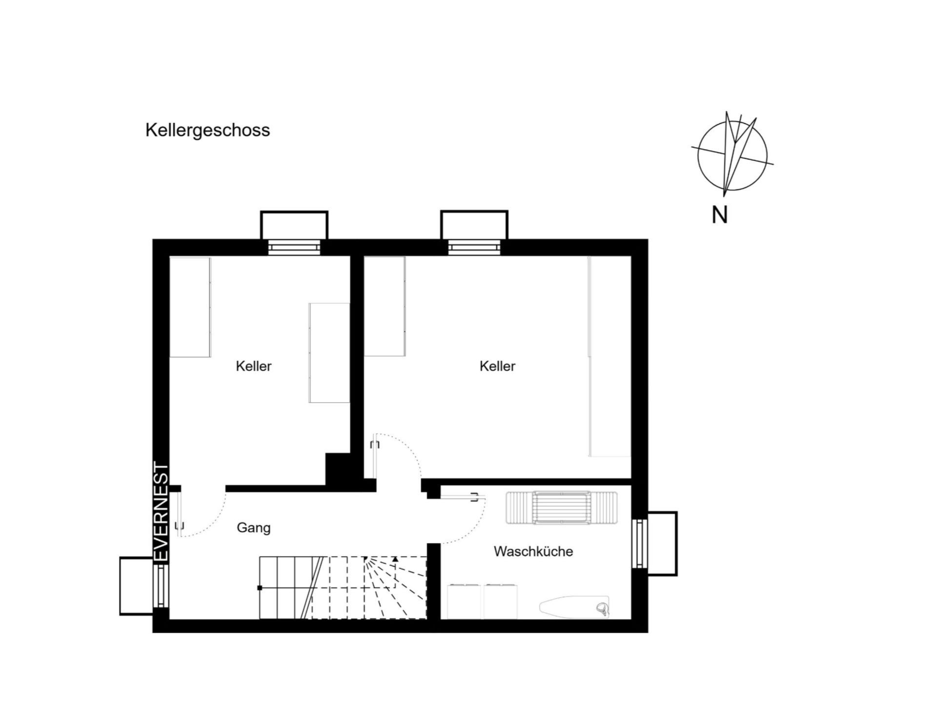 Grundriss des Kellergeschosses mit zwei Kellerräumen, Waschküche und Flur.