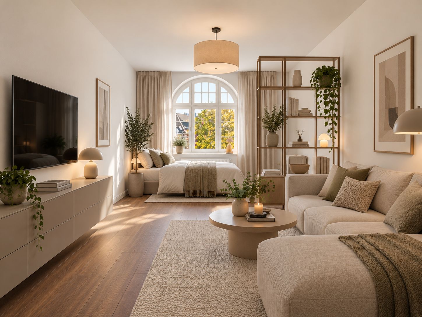 Helles Wohnzimmer mit Sofa, Couchtisch, Regal, TV und Bett, große Fenster im Hintergrund.