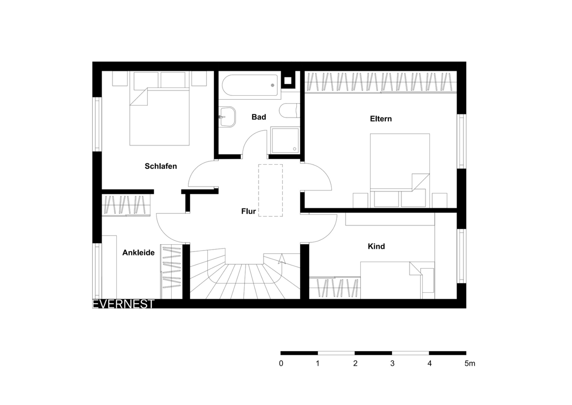 Grundriss eines Hauses mit Schlafzimmer, Ankleide, Bad, Elternzimmer, Kinderzimmer und Flur.
