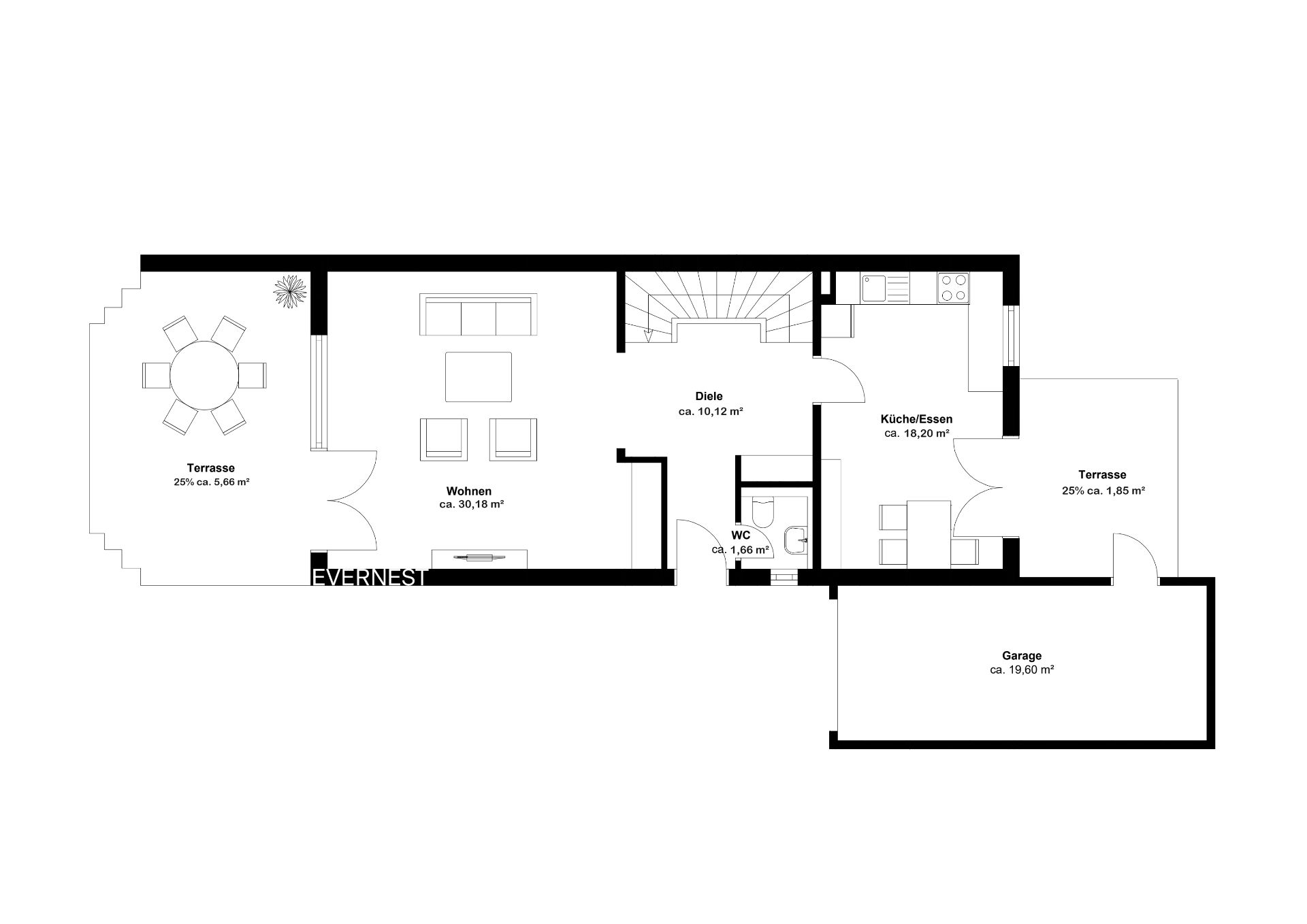 Grundriss mit Wohnzimmer, Küche, Diele, WC, zwei Terrassen und Garage.