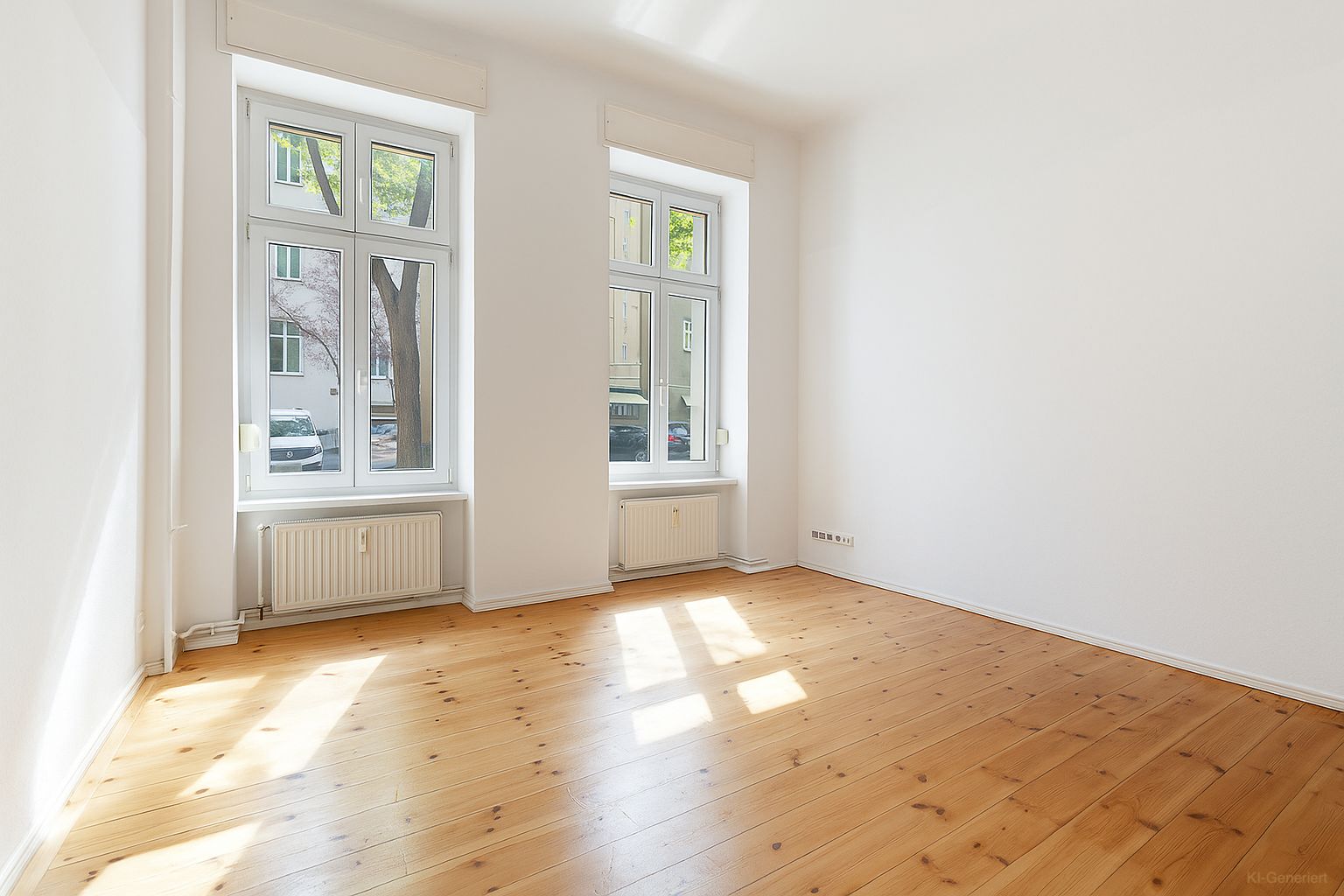 Heller Raum mit zwei großen Fenstern, weißen Wänden und Holzboden.