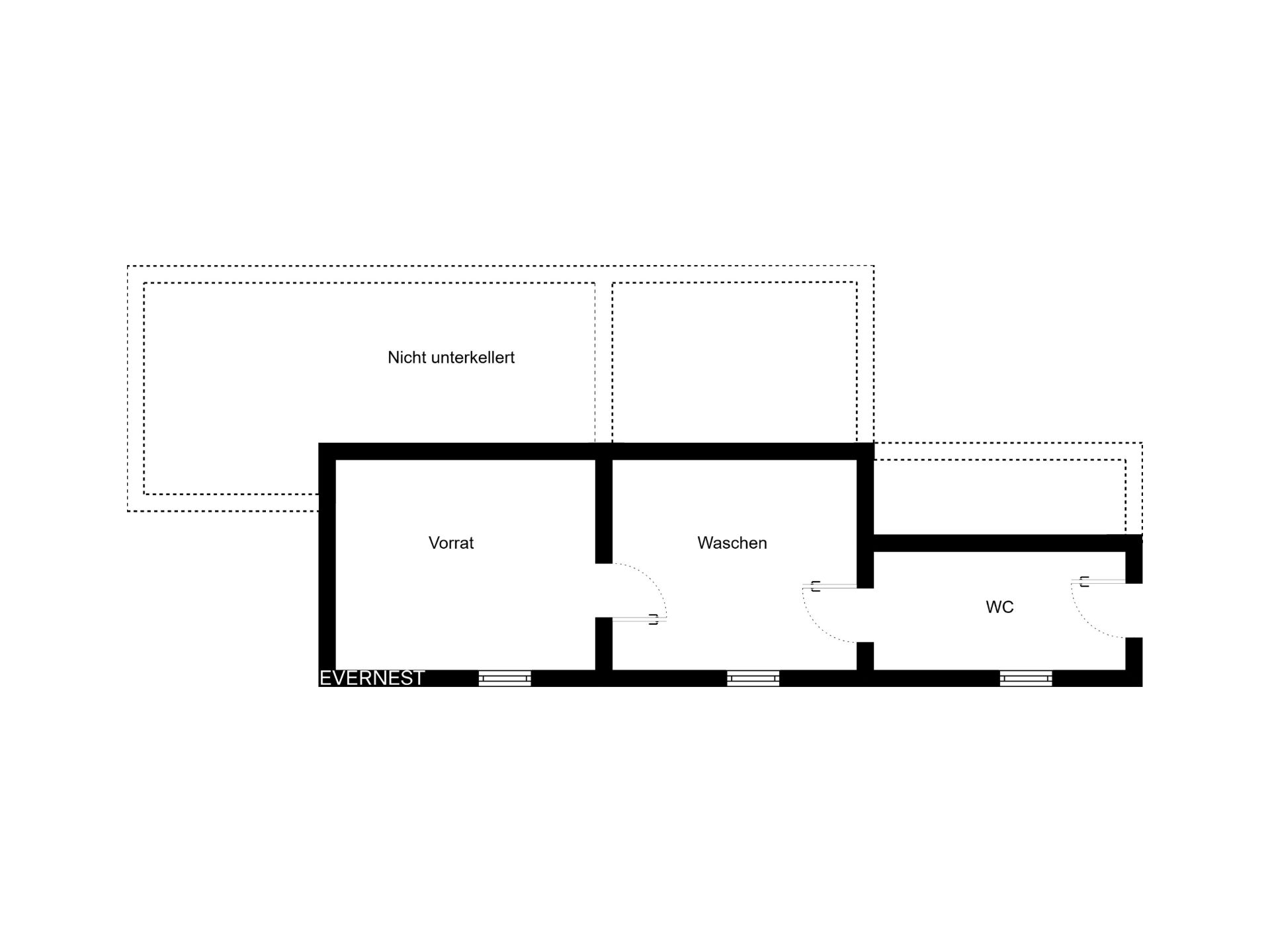 Grundriss mit Vorratsraum, Waschraum und WC, angrenzend nicht unterkellerter Bereich.