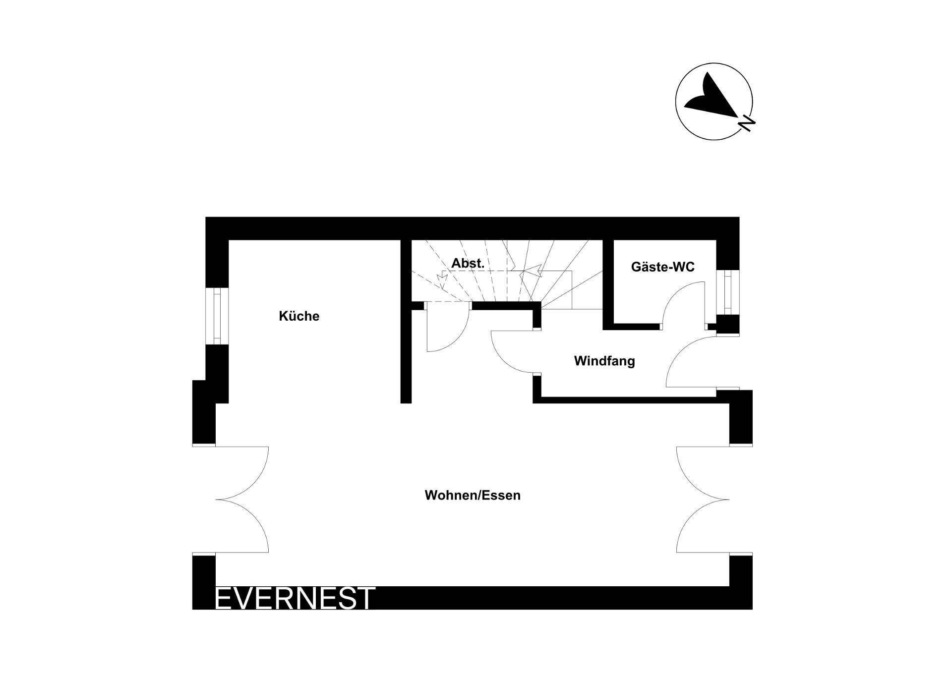 Grundriss mit Küche, Wohn-/Essbereich, Gäste-WC, Windfang und Abstellraum.