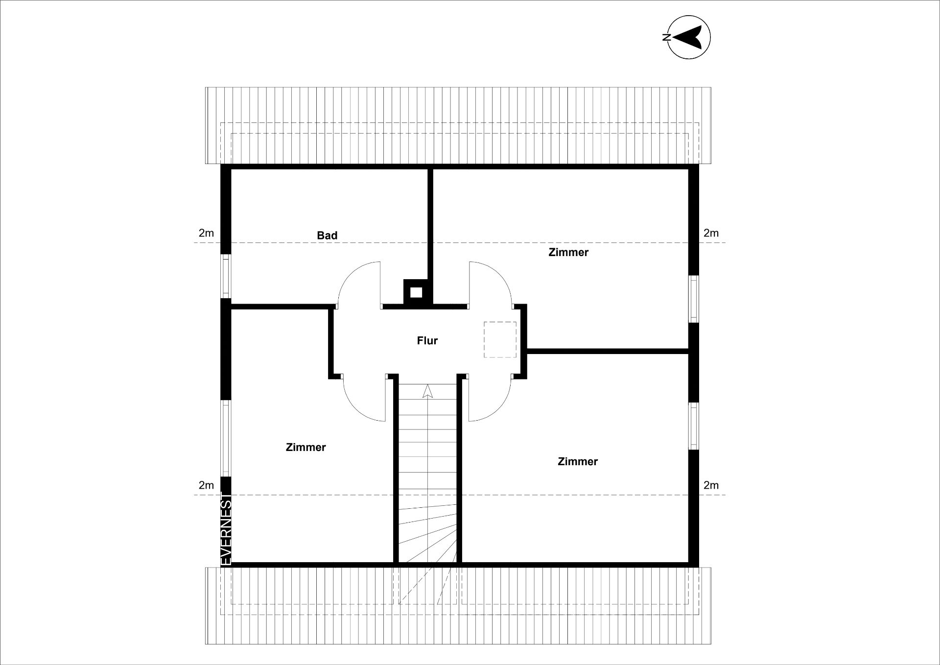 Grundriss mit Flur, Bad und drei Zimmern sowie Treppe in der Mitte.