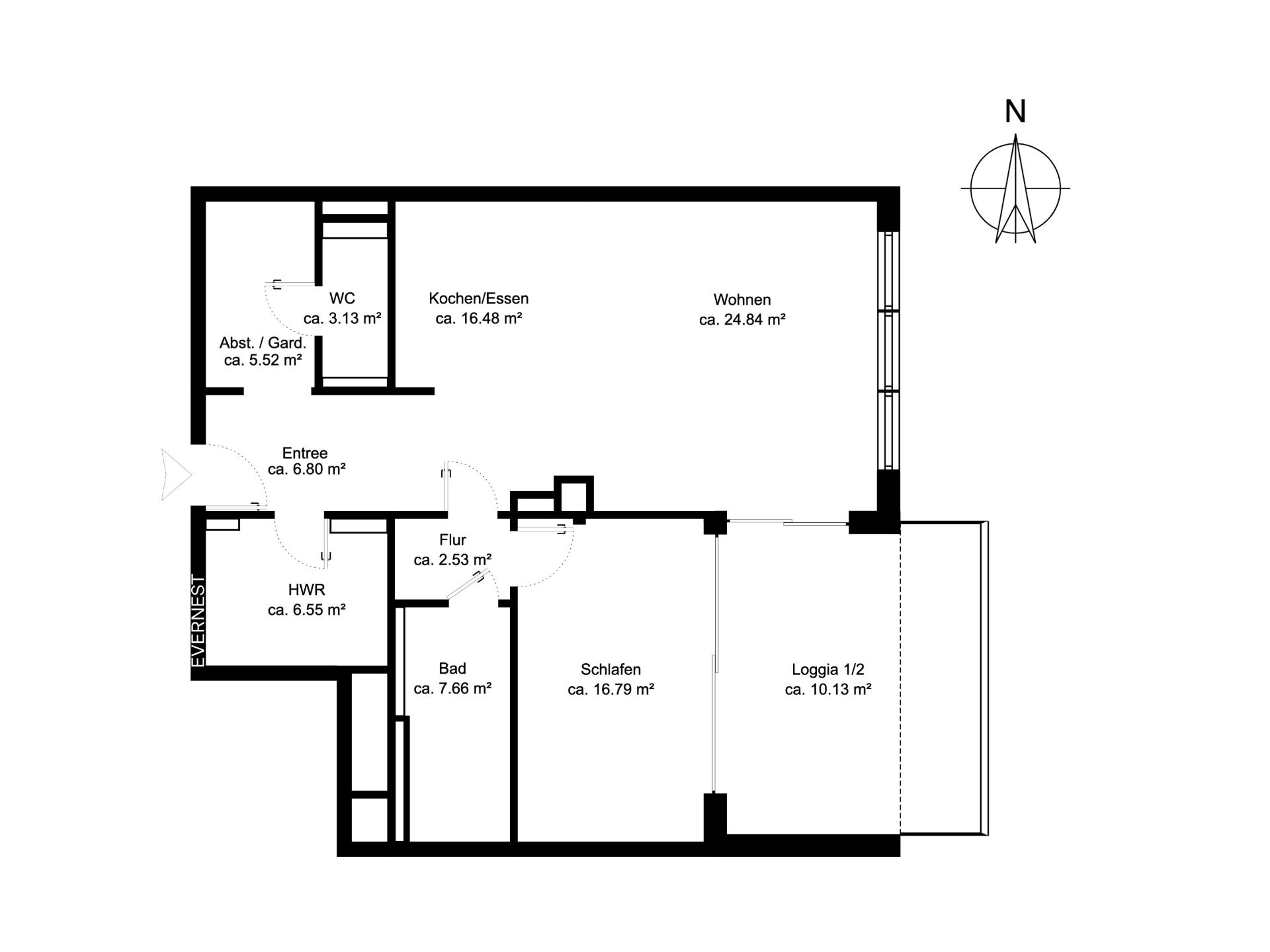 Grundriss einer Wohnung mit markierten Räumen und Quadratmeterangaben.